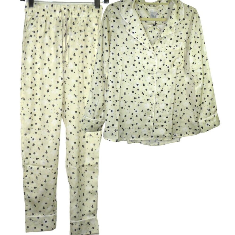 Revolve Women's Cream Black Floral Satin Pajamas With Pockets Size XS
